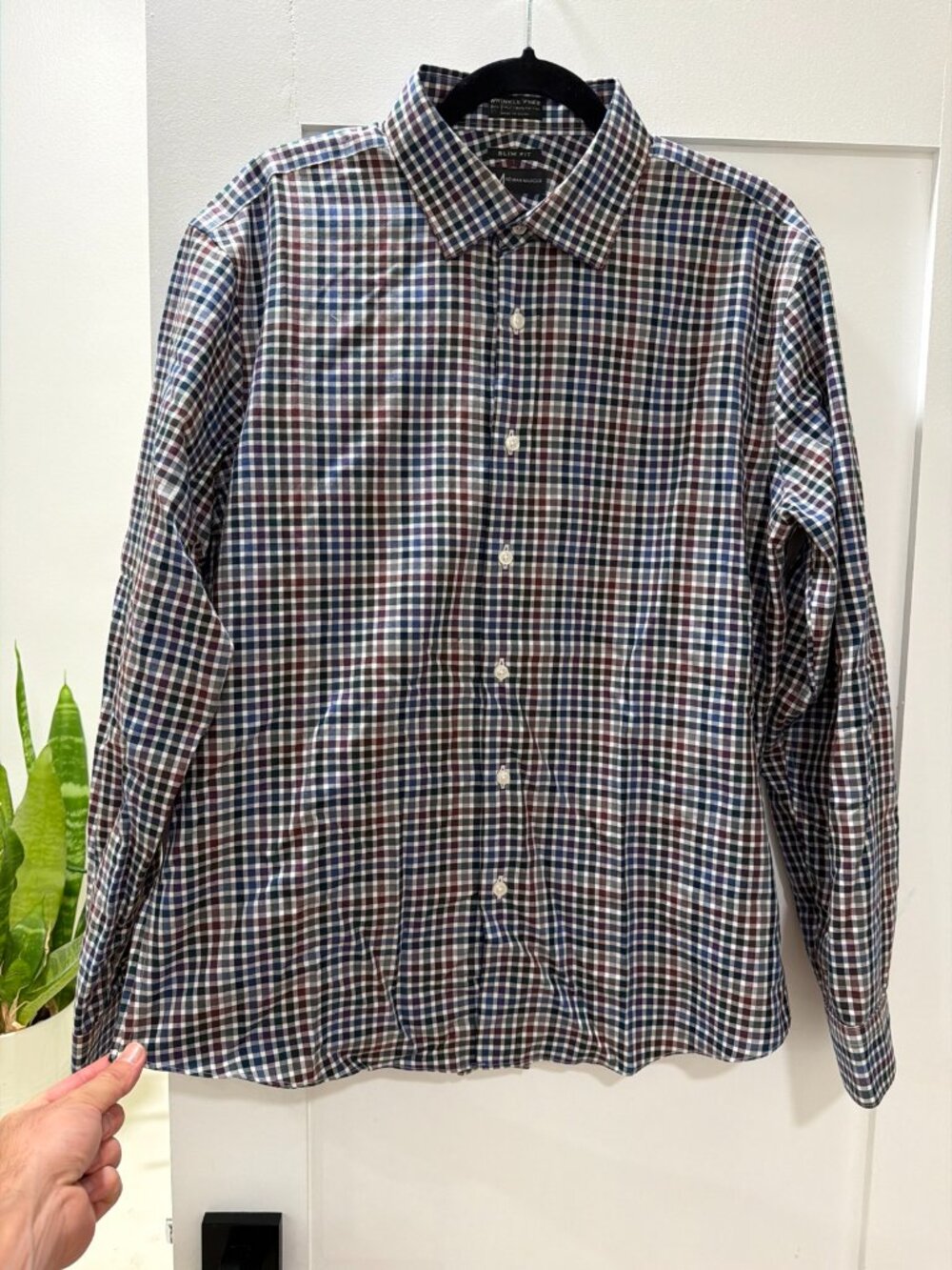 Neiman Marcus Slim Fit Wrinkle Free Check Long Sleeve Shirt Mens Large